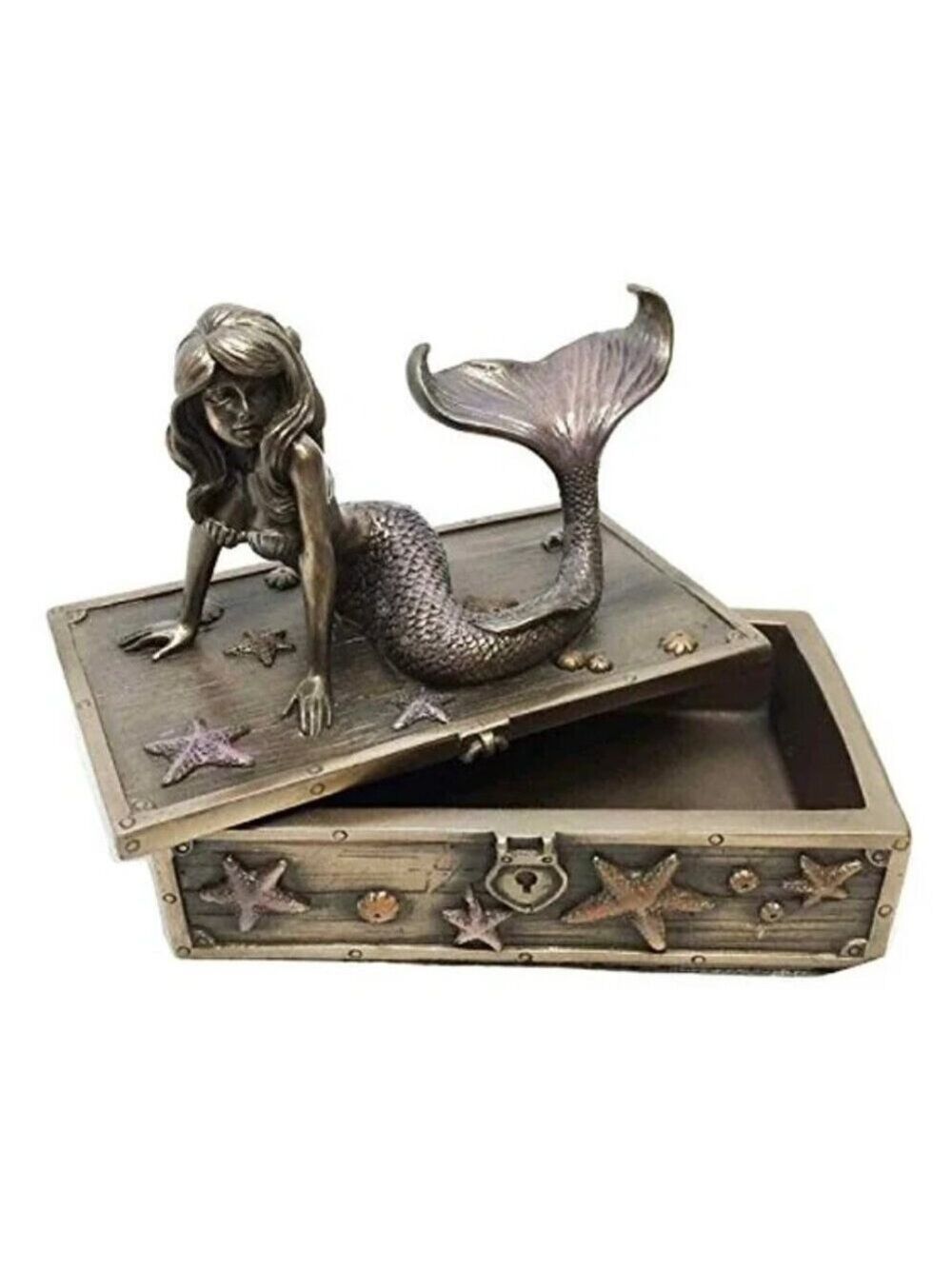 Mermaid on Seashell and Starfish Treasure Box Jewelry Trinket Box - Picture 2 of 5